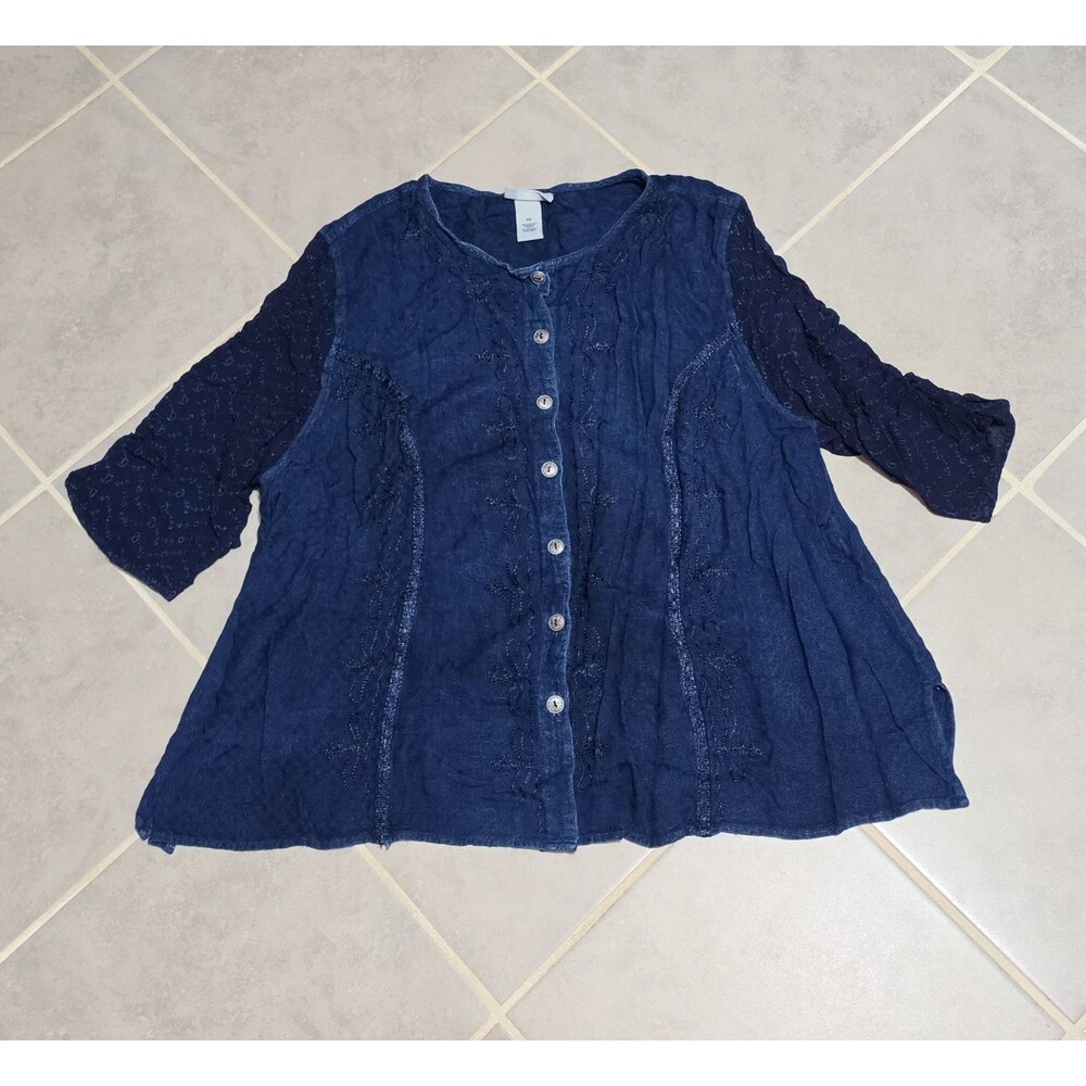 Catherines Plus Size 2X Women’s Blue Lace Button-Up Top 3/4 Sleeve